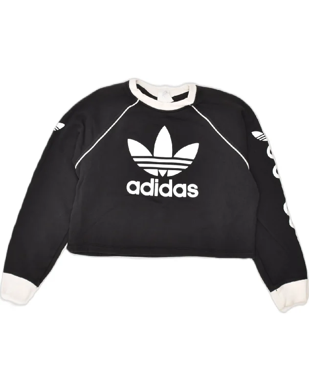 ADIDAS Womens Graphic Crop Sweatshirt Jumper UK 12 Medium Black Cotton Hoodie with Metallic Shiny Futuristic ADIDAS Womens Graphic Crop Sweatshirt Jumper UK 12 Medium Black Cotton Hoodie with Metallic Shiny Futuristic