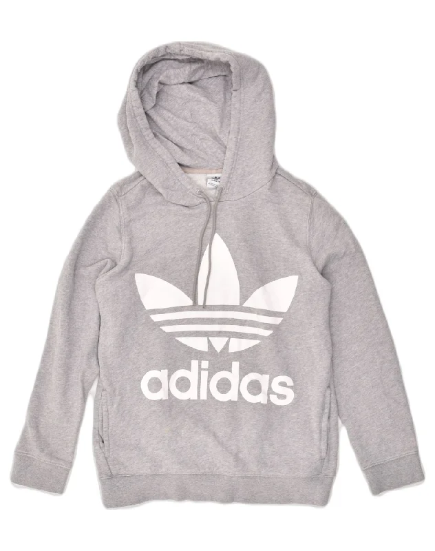ADIDAS Womens Graphic Hoodie Jumper UK 14 Large Grey Cotton Hoodie with Raw Hem Edgy Unfinished ADIDAS Womens Graphic Hoodie Jumper UK 14 Large Grey Cotton Hoodie with Raw Hem Edgy Unfinished