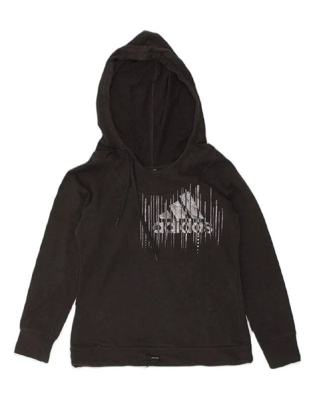 ADIDAS Womens Graphic Hoodie Jumper UK 16 Large Black Cotton Hoodie with Button Placket Classic Preppy ADIDAS Womens Graphic Hoodie Jumper UK 16 Large Black Cotton Hoodie with Button Placket Classic Preppy