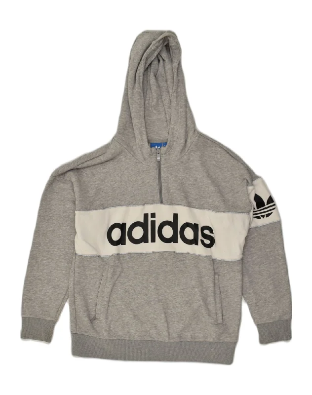 ADIDAS Womens Graphic Zip Neck Hoodie Jumper UK 12 Medium Grey Cotton Hoodie with Hem Frayed Vintage Worn ADIDAS Womens Graphic Zip Neck Hoodie Jumper UK 12 Medium Grey Cotton Hoodie with Hem Frayed Vintage Worn