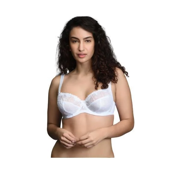 Beautiful Neckline Sheer Mesh High Coverage Bra with Broad Power-mesh Wings Adjustable Bra Straps