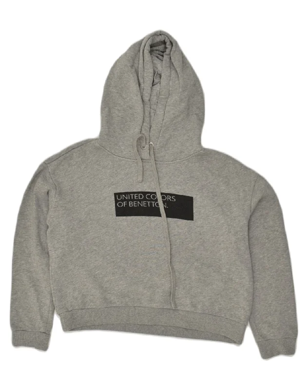 BENETTON Womens Graphic Crop Hoodie Jumper UK 12 Medium Grey Cotton Hoodie with Hood Adjustable Protection