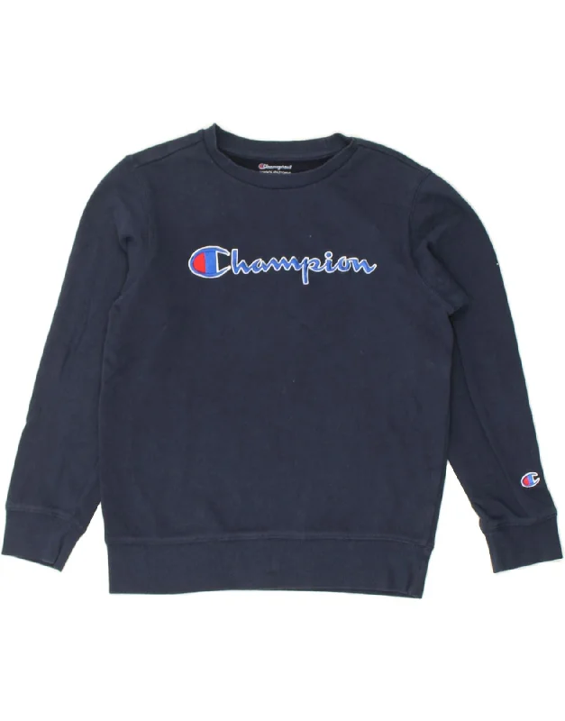 CHAMPION Womens Graphic Sweatshirt Jumper UK 14 Medium Navy Blue Cotton Hoodie with Hidden Zipper Minimalist Clean