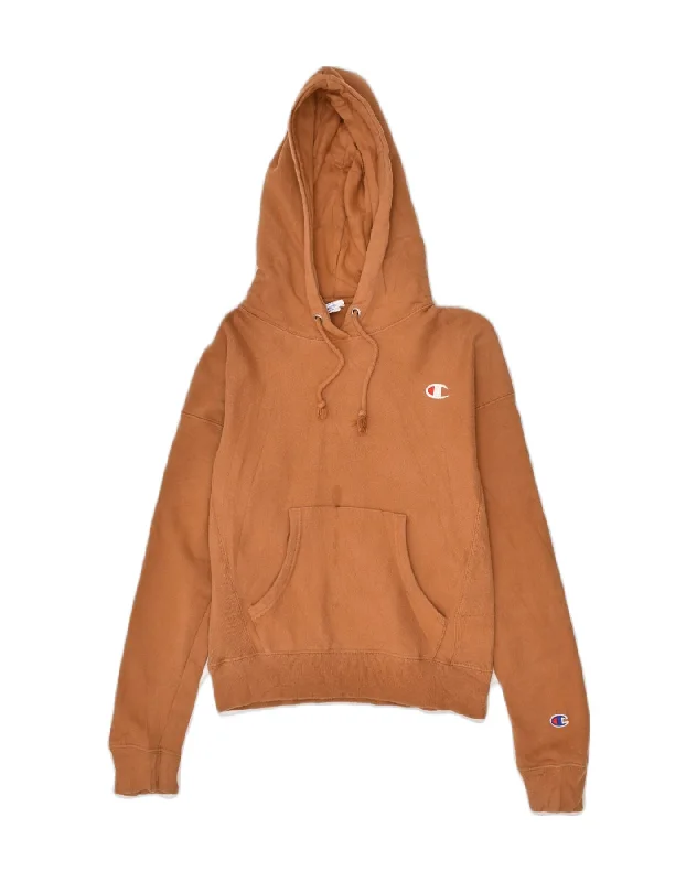 CHAMPION Womens Loose Fit Hoodie Jumper UK 6 XS Brown Cotton Hoodie with Embroidery Detailed Premium CHAMPION Womens Loose Fit Hoodie Jumper UK 6 XS Brown Cotton Hoodie with Embroidery Detailed Premium