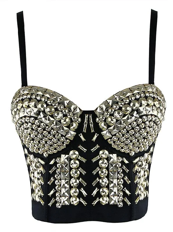 Women's Sexy Spaghetti Strap Gold Rivets Bustier Bra Soft Lace Bralette