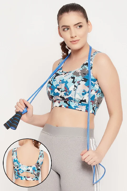 Sky Blue Medium Impact Padded Camouflage Print Sports Bra Adjustable Bra Straps