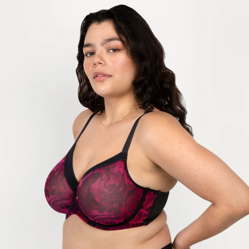 Curvy Couture Sheer Mesh Unlined Bra Dramatic Roses Casual Bralette Set