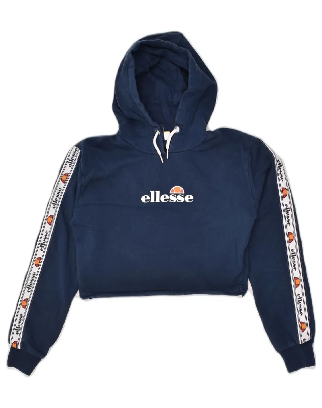 ELLESSE Womens Graphic Crop Hoodie Jumper UK 6 XS Navy Blue Cotton Hoodie with Distressed Vintage Worn