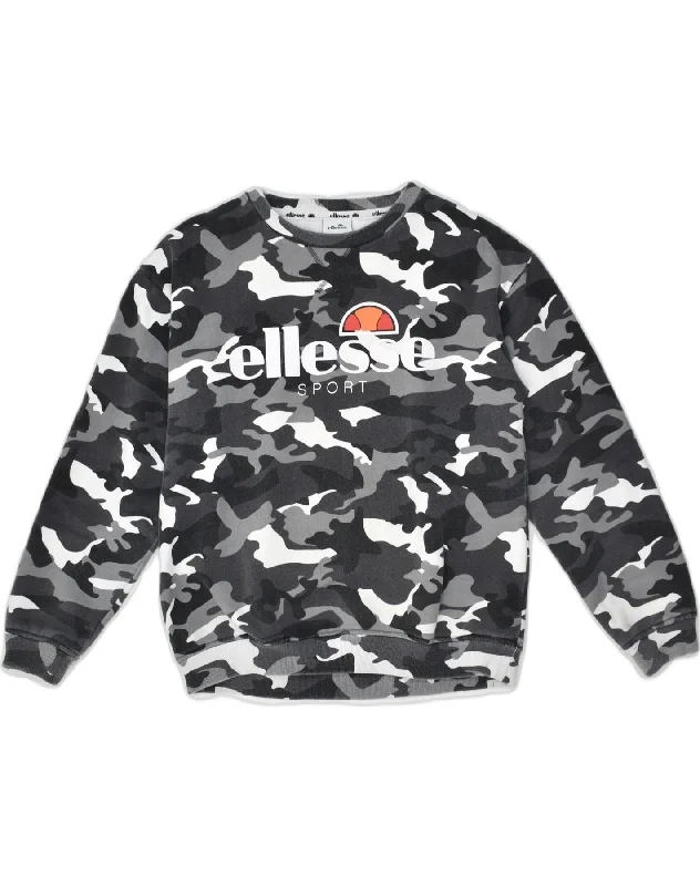 ELLESSE Womens Graphic Sweatshirt Jumper UK 12 Medium Grey Camouflage Hoodie with Thumb Holes Functional Cozy