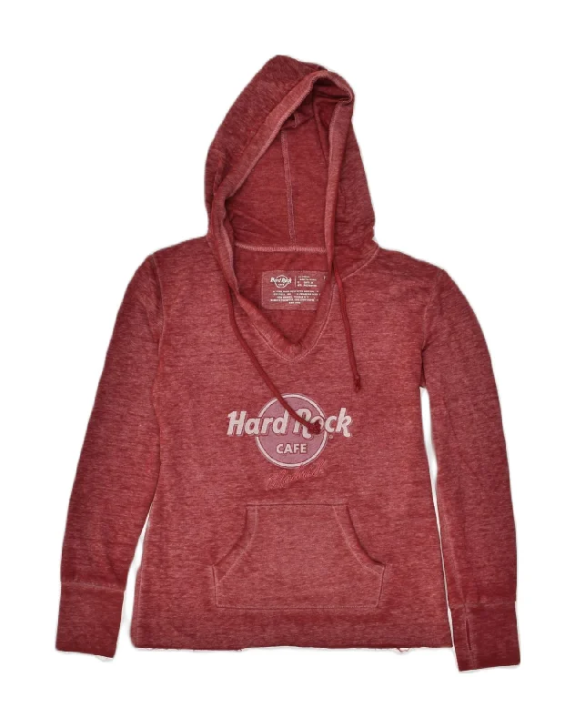 HARD ROCK CAFE Womens Graphic Hoodie Jumper UK 2 2XS Burgundy Cotton Hoodie with Longline Fit Extended Stylish HARD ROCK CAFE Womens Graphic Hoodie Jumper UK 2 2XS Burgundy Cotton Hoodie with Longline Fit Extended Stylish
