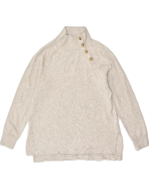 J. CREW Womens Button Neck Sweatshirt Jumper UK 14 Medium Grey Cotton Hoodie with Hem Patch Decorative Personalized