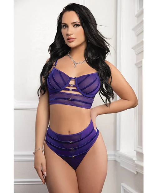 Mesh Underwire Bra 2 pc Set with Velour Accents - Purple O/S Push-Up Bralette Set