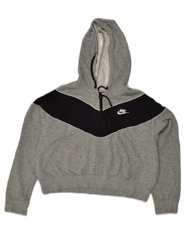 NIKE Womens Crop Hoodie Jumper UK 18 XL Grey Colourblock Cotton Hoodie with Print Artistic Unique NIKE Womens Crop Hoodie Jumper UK 18 XL Grey Colourblock Cotton Hoodie with Print Artistic Unique