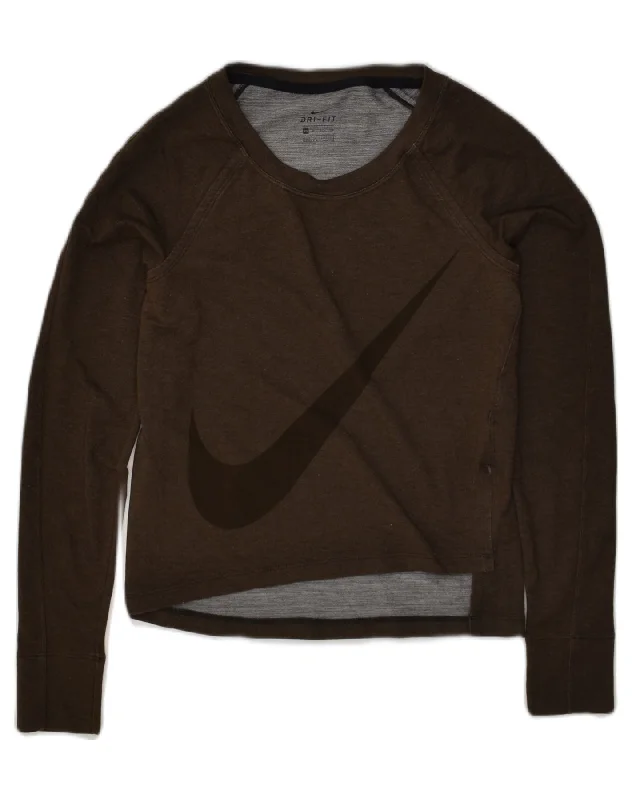 NIKE Womens Graphic Sweatshirt Jumper UK 6 XS Brown Viscose Hoodie with Hem Embroidery Detailed Premium NIKE Womens Graphic Sweatshirt Jumper UK 6 XS Brown Viscose Hoodie with Hem Embroidery Detailed Premium