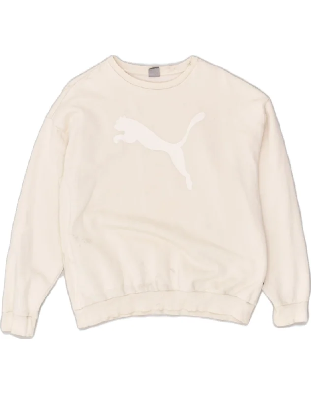 PUMA Womens Graphic Sweatshirt Jumper UK 18 XL Off White Cotton Hoodie with Drawcord Adjustable Secure