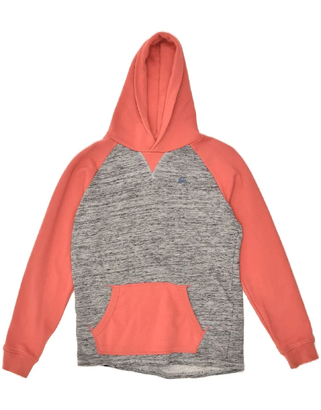 QUIKSILVER Womens Hoodie Jumper UK 14 Large Grey Colourblock Cotton Hoodie with Ribbed Neckline Snug Warm