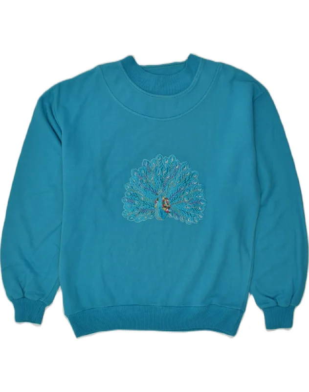 VINTAGE Womens Graphic Sweatshirt Jumper EU 46 XL Blue Hoodie with Hem Patch Decorative Personalized VINTAGE Womens Graphic Sweatshirt Jumper EU 46 XL Blue Hoodie with Hem Patch Decorative Personalized