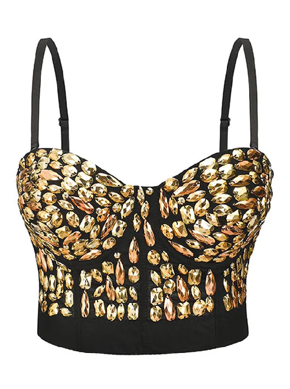 Women Punk Golden Beads B Cup Padded Boned Clubwear Bustier Bra Top Sexy Lace Bralette