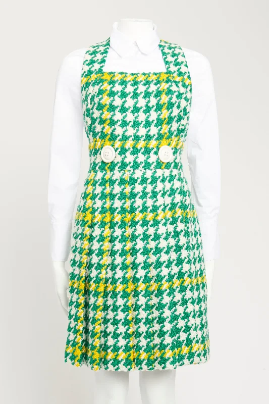 2015 Green Wool Check Preowned Houndstooth Pinafore Midi Dress Fashionable Chiffon Midi Dress