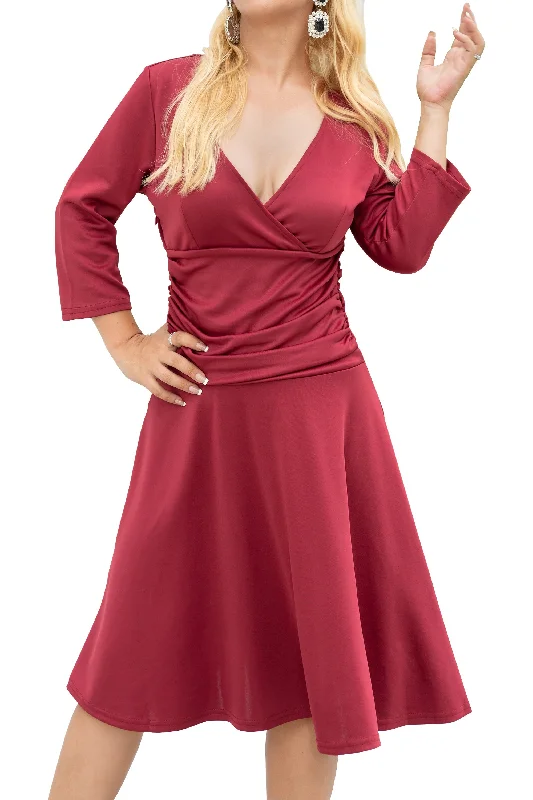 Women's 3/4 Sleeve V Neck Ruched Waist A-line Midi Dress Stylish Midi Dress with Cuffs