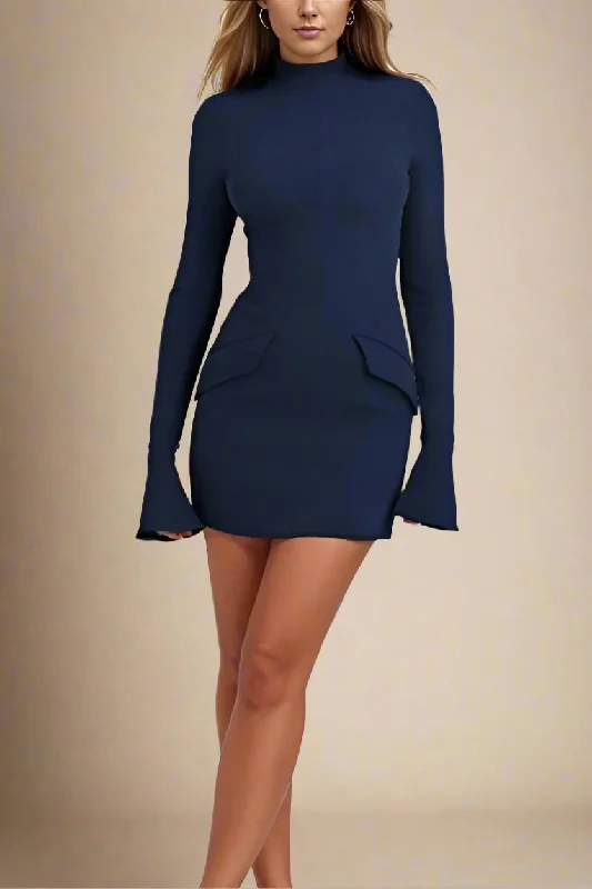 Adrian Long Sleeve Bodycon Mini Dress - Navy Blue Elegant Floral-Print Mini Dress