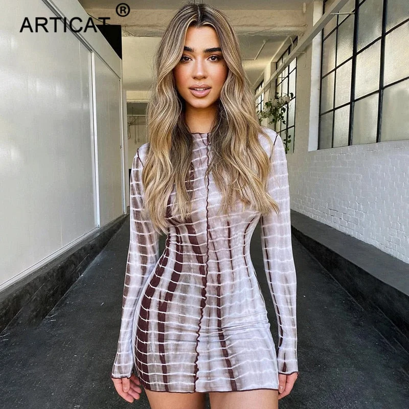 Articat Autumn Printed Women Sexy Long Sleeve O Neck Mini Dress Classic Striped Mini Dress