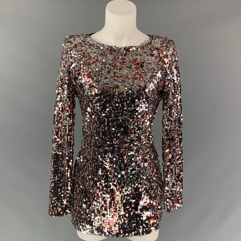 BADGLEY MISCHKA by Mark and James Size M Silver & Burgundy Sequined Mini Dress Fashionable Lace-Trim Mini Dress