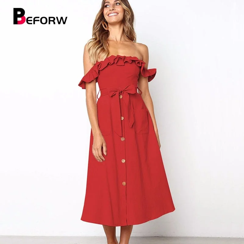 BEFORW Female Sexy Off Shoulder Midi Dress Elegant Ruffles Dresses Cozy Wide Strap Midi Dress