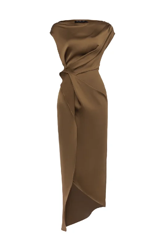 BETHANY SLIT DRAPED SATIN MIDI DRESS Fashionable Pencil Midi Dress