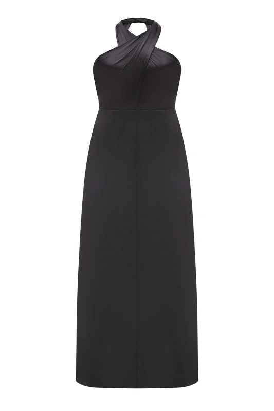 BLACK SILK AND WOOL MIDI DRESS Stylish Cold Shoulder Midi Dress