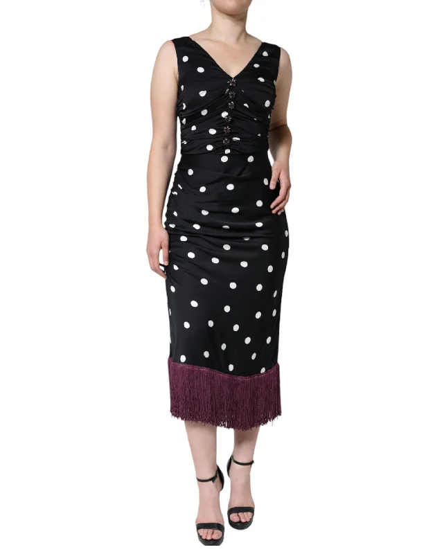 Black Silk Polka Dot V-neck Tassel Midi Dress Cozy A-Line Midi Dress