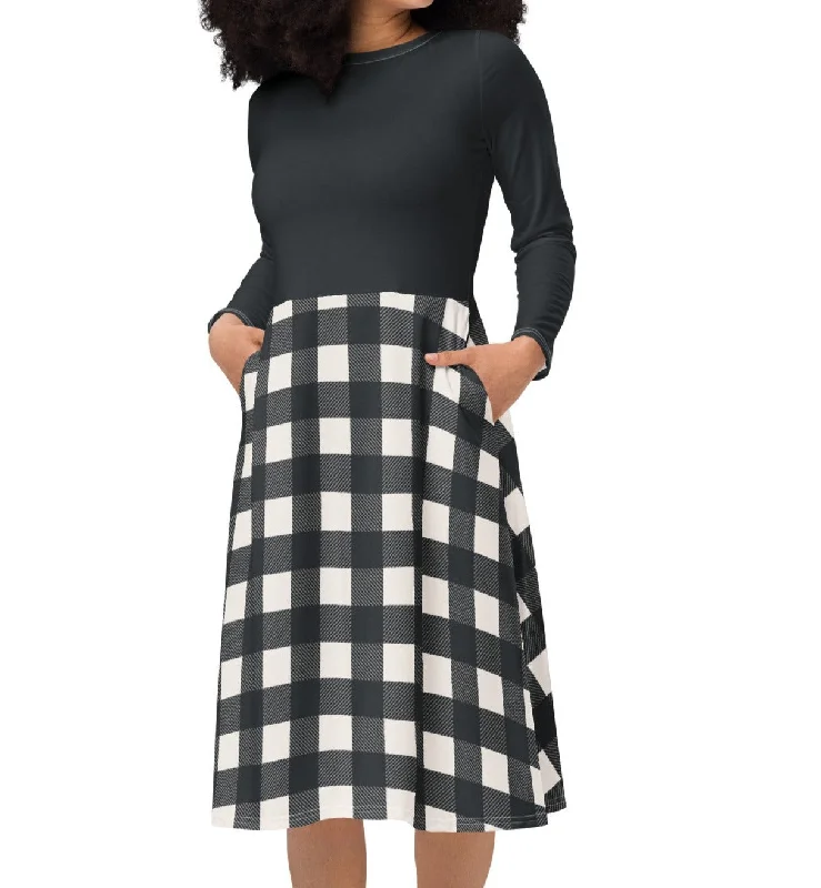 Black & White Buffalo Check Midi Dress (S-6XL) Chic Off-Shoulder Midi Dress