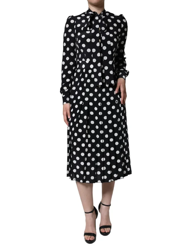 Black White Polka Dot Ascot Collar Midi Dress Stylish Tiered Midi Dress