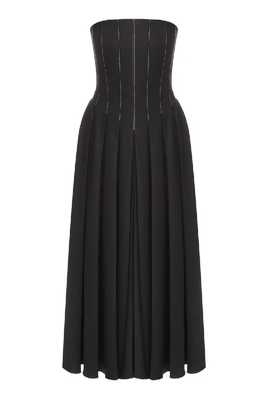 BLACK WOOL CORSET MIDI DRESS WITH WHITE STITCH DETAIL Fashionable Skater Midi Dress