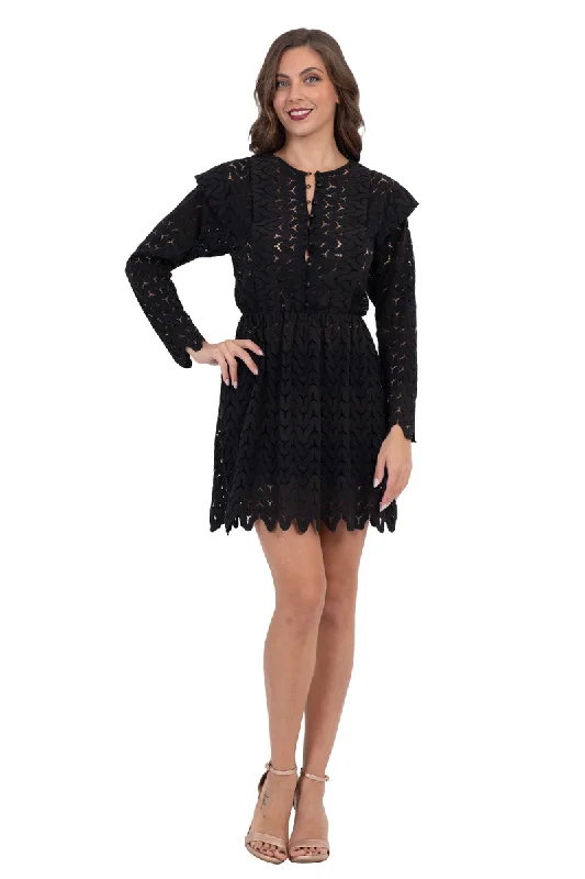 Black Zig-Zag Lace Mini Dress With Sleeves Trendy Lace Mini Dress