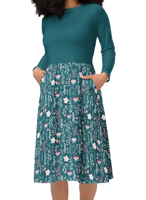 Blissful Blue Floral Long Sleeve Midi Dress (S-4XL) Fashionable Floral Embroidery Midi Dress