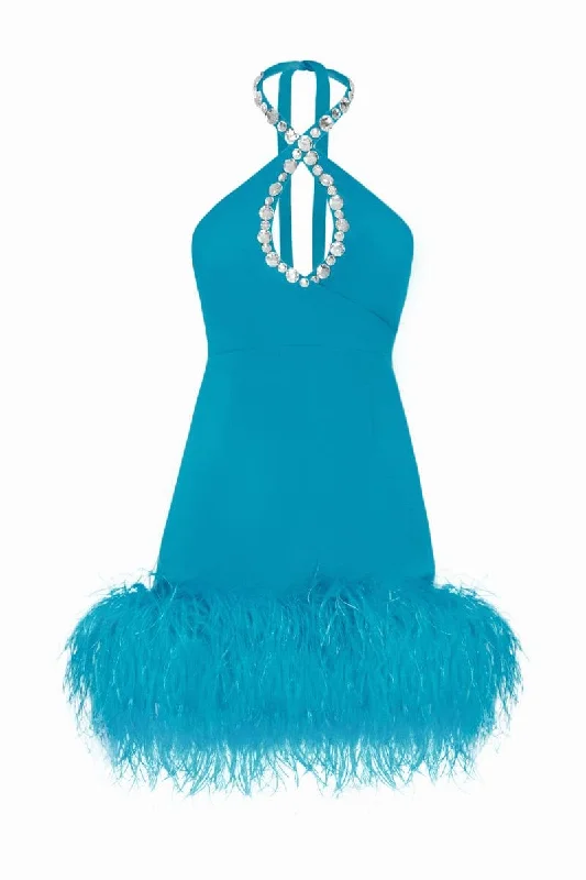 BLUE MIA FEATHER-EMBELLISHED CREPE MINI DRESS Fashionable Lace-Trim Mini Dress