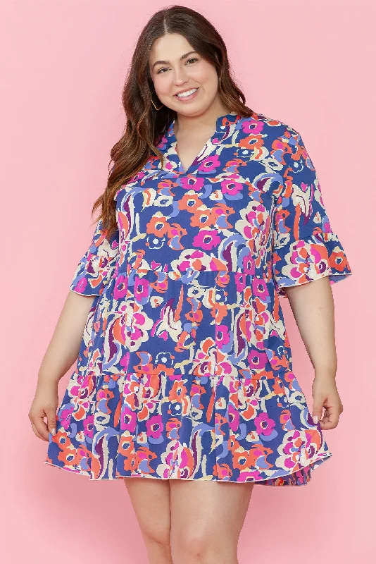 Blue Zone Planet |  Blue Plus Size Floral Print Ruffled 3/4 Sleeve Mini Dress Elegant Vintage Mini Dress