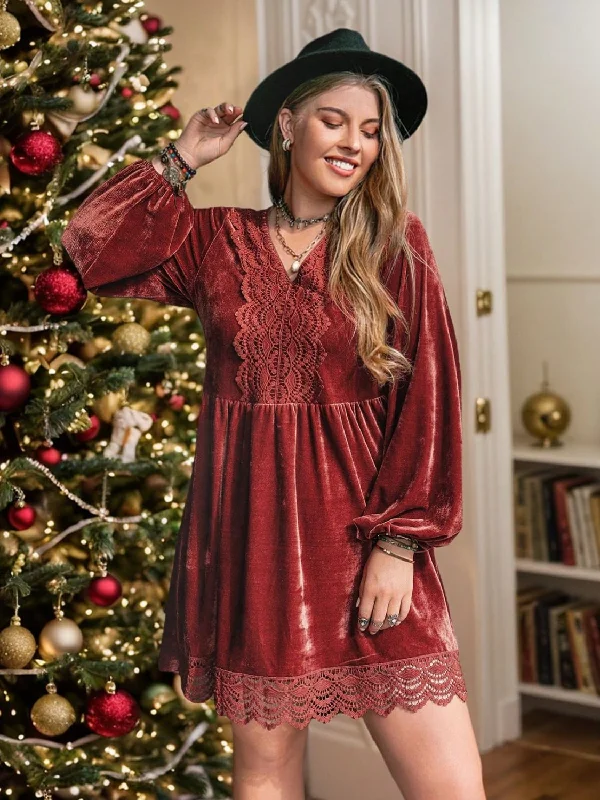 Blue Zone Planet |  Plus Size Lace Detail V-Neck Long Sleeve Mini Dress Casual High-Waist Mini Dress