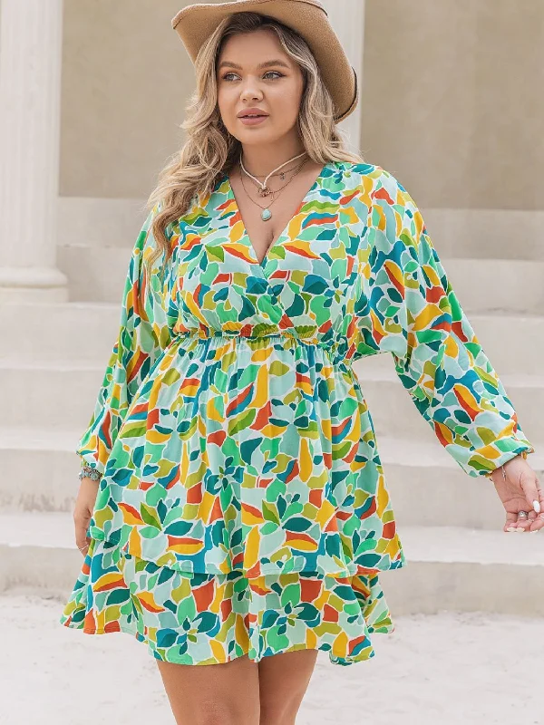 Blue Zone Planet |  Plus Size Printed Surplice Long Sleeve Mini Dress Classic Casual Mini Dress