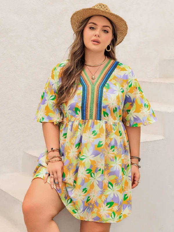 Blue Zone Planet |  Plus Size Printed V-Neck Half Sleeve Mini Dress Classic Floral Print Mini Dress