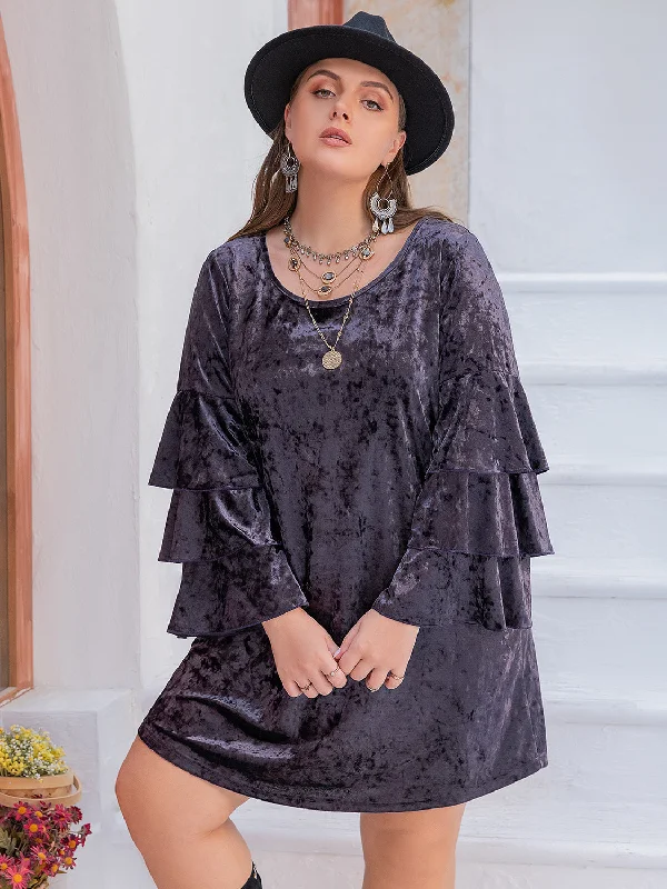 Blue Zone Planet |  Plus Size Round Neck Flounce Sleeve Mini Dress Comfortable Wrap Mini Dress