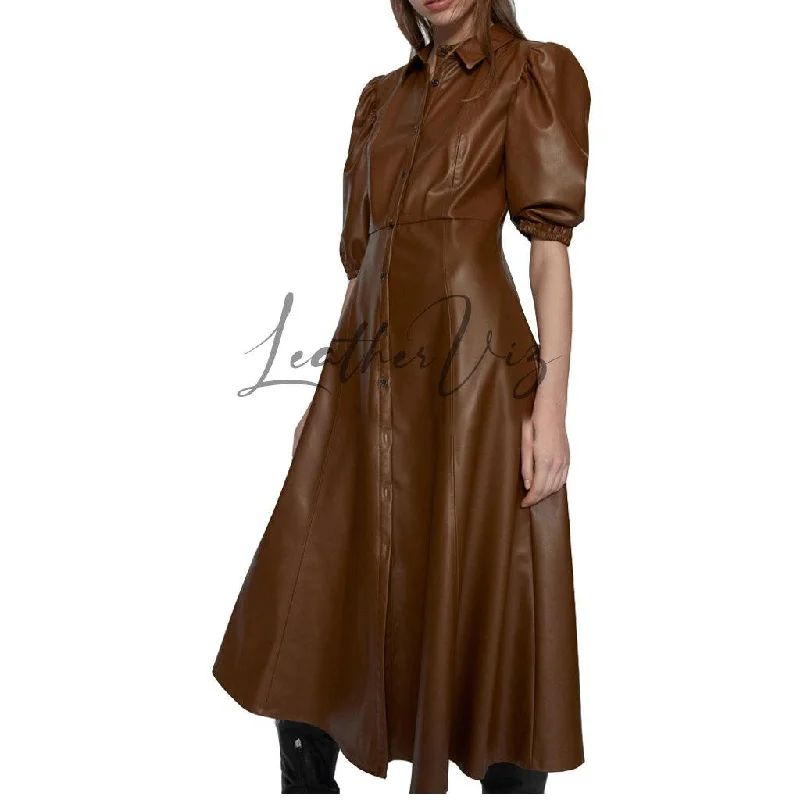 BROWN LEATHER SHIRT STYLE MIDI DRESS FOR WOMEN Stylish Animal Print Midi Dress