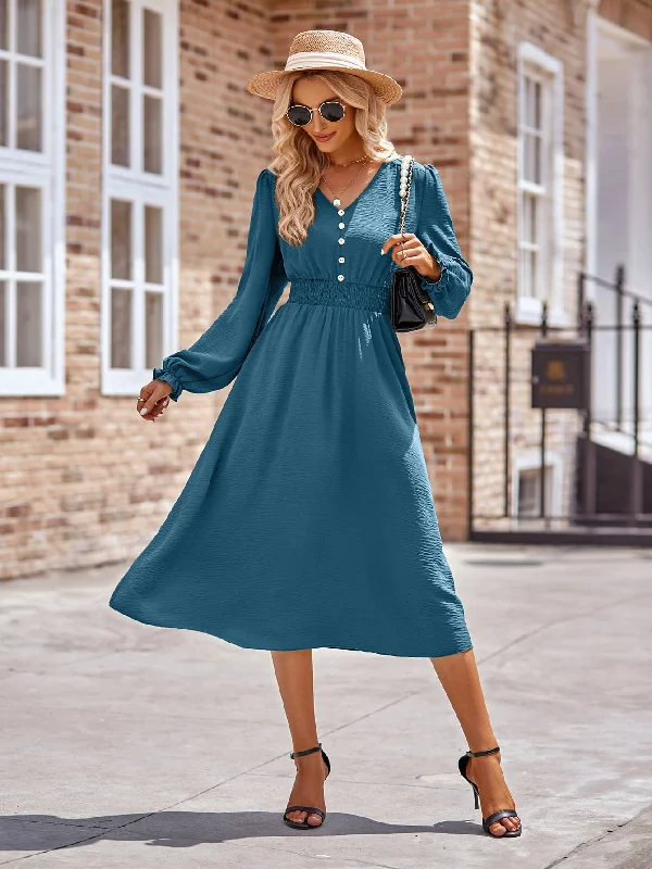 Buttoned V-Neck Flounce Sleeve Midi Dress Elegant Velvet Midi Dress