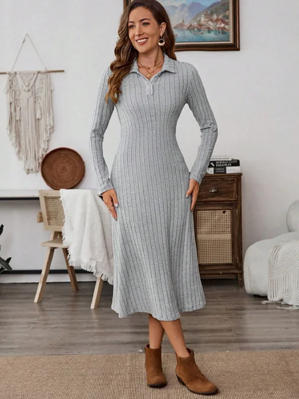 Collared Neck Long Sleeve Midi Dress Fashionable Skater Midi Dress