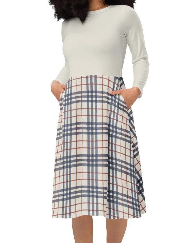 Cream, Red & Navy Plaid Midi Dress (S-4XL) Elegant Satin Midi Dress