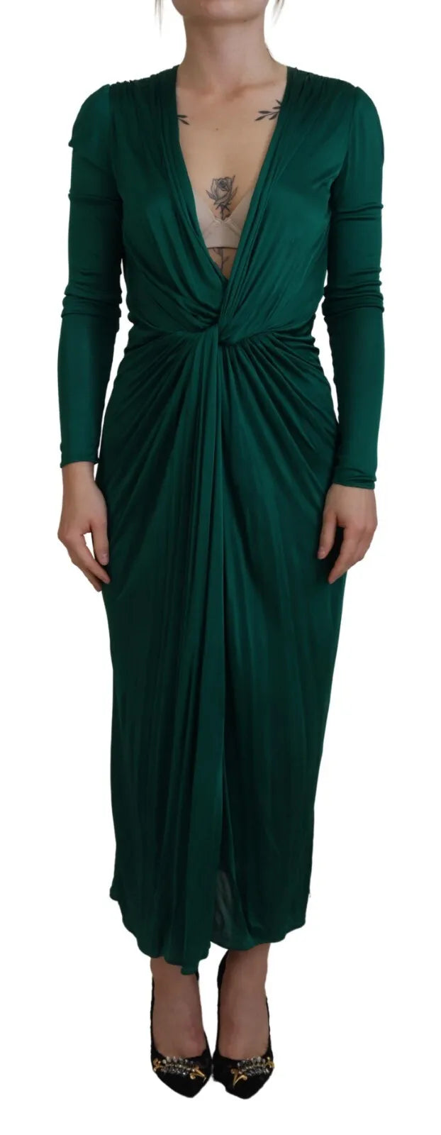 Dark Green Viscose Long Sleeve Midi Dress Elegant Pleated Sleeve Midi Dress