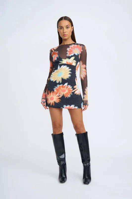 Davina Daisy Mini Dress | Final Sale - Black Orange Multi Trendy Cut-Out Mini Dress