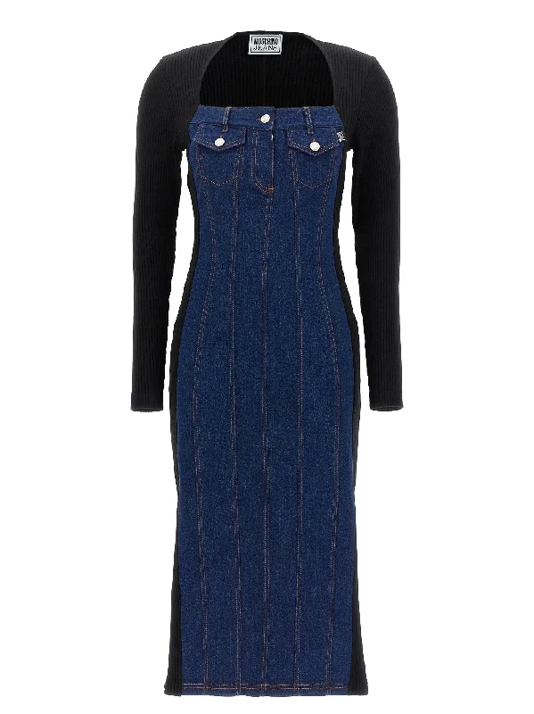 Denim & Ribbed Midi Dress Trendy Ruched Side Midi Dress