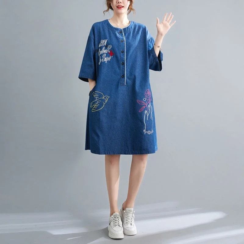 Ethnic Embroidery Plus Sizes Denim Midi Dresses Fashionable Fitted Midi Dress